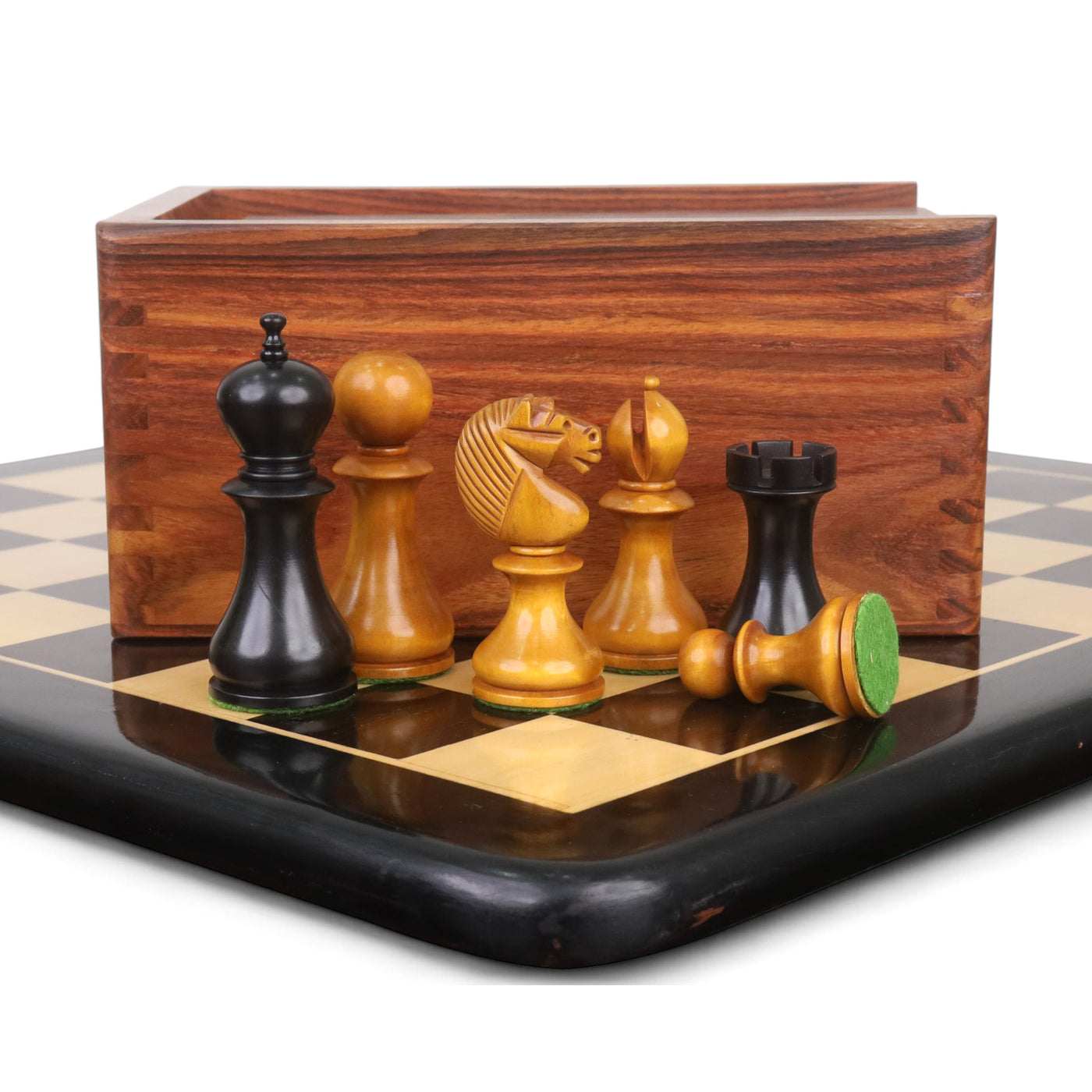 Combo of 3.6" English Dublin Pattern Set - Pieces in Antiqued Boxwood with Chess Board & Storage Box