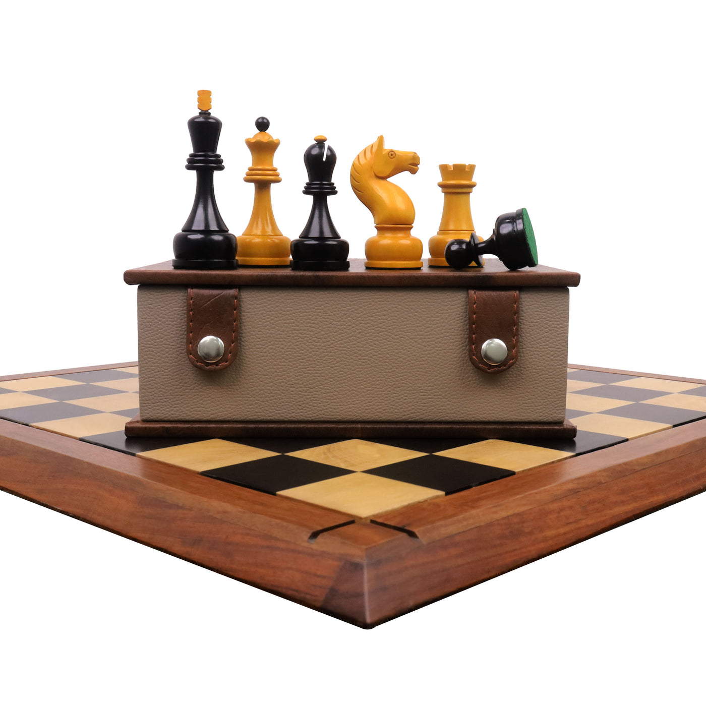 Combo of 1960's Soviet Championship Tal Chess Set - Pieces in Antiqued Boxwood with 21" Chess Board with Storage Box