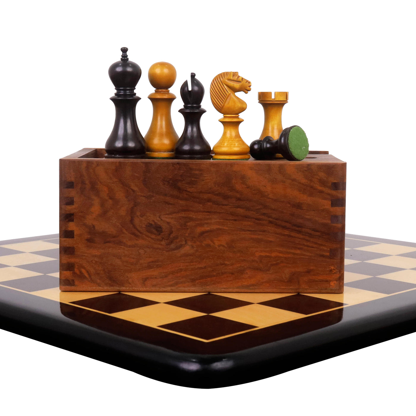 Combo of 3.6" English Dublin Pattern Set - Pieces in Antiqued Boxwood with Chess Board & Storage Box