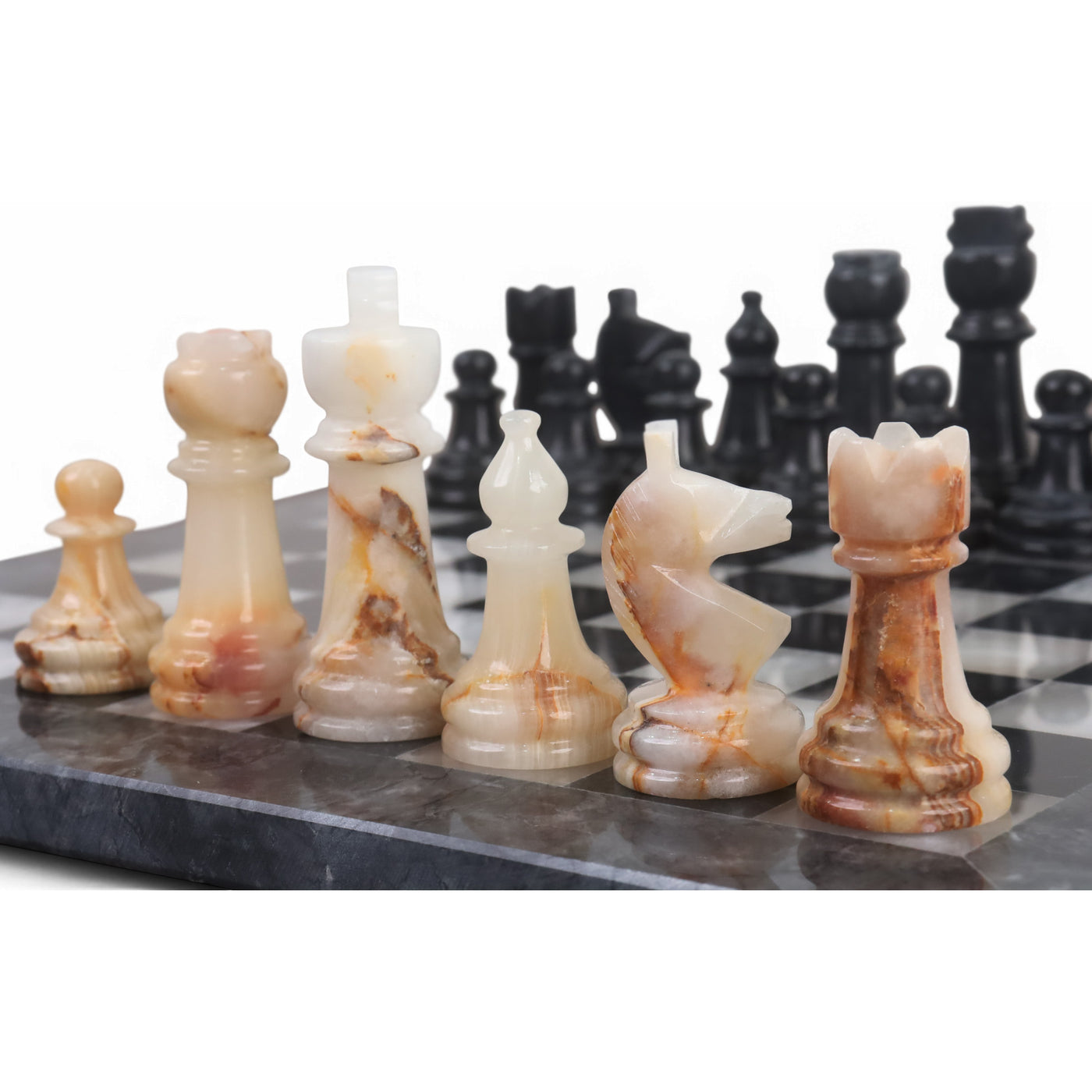 Onyx Marble Chess Pieces & Board Combo Set - 12" - Black and White Stone