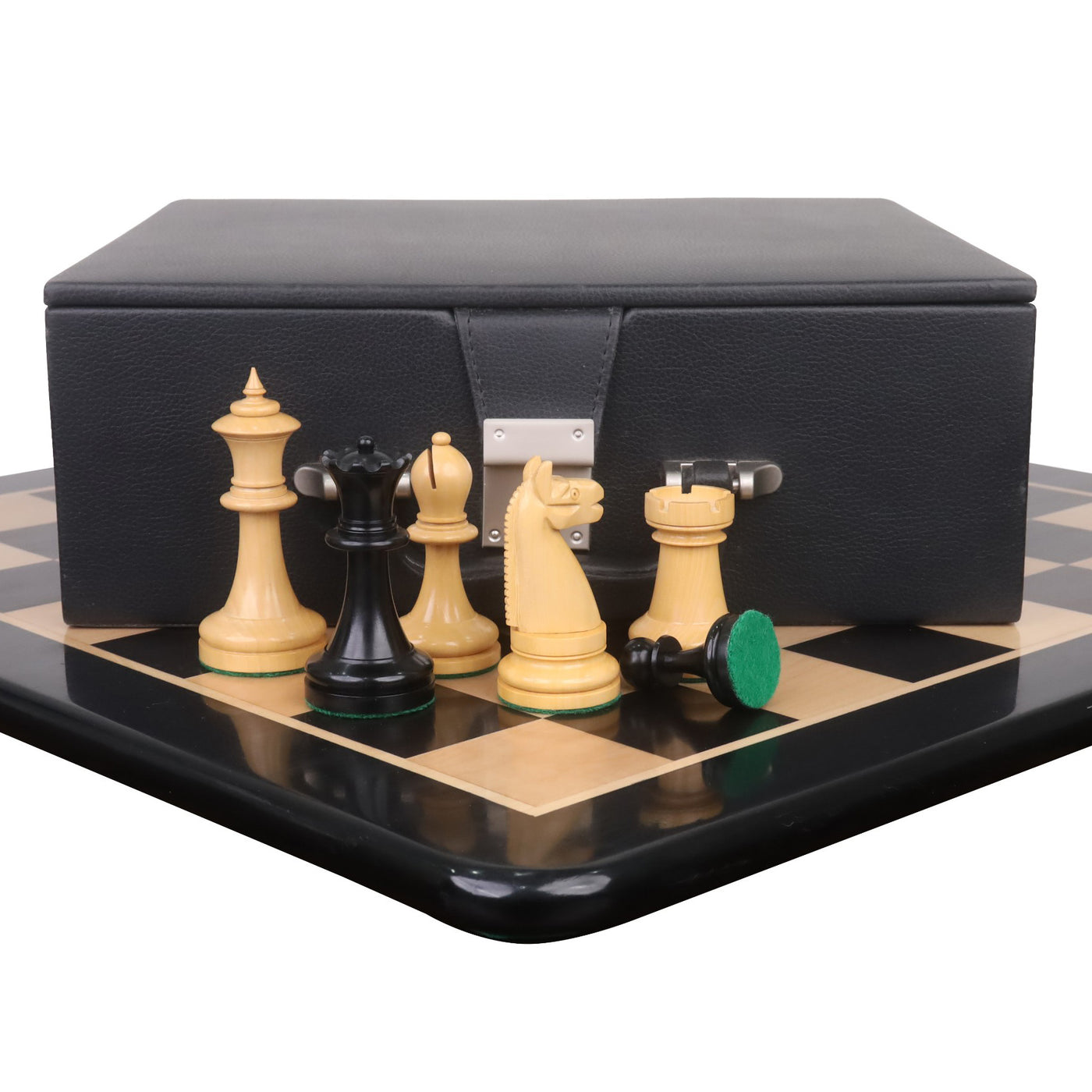 Combo of 1900s' American Chess Company Reproduction Set - Pieces in Ebony Wood with Chess Board & Storage Box