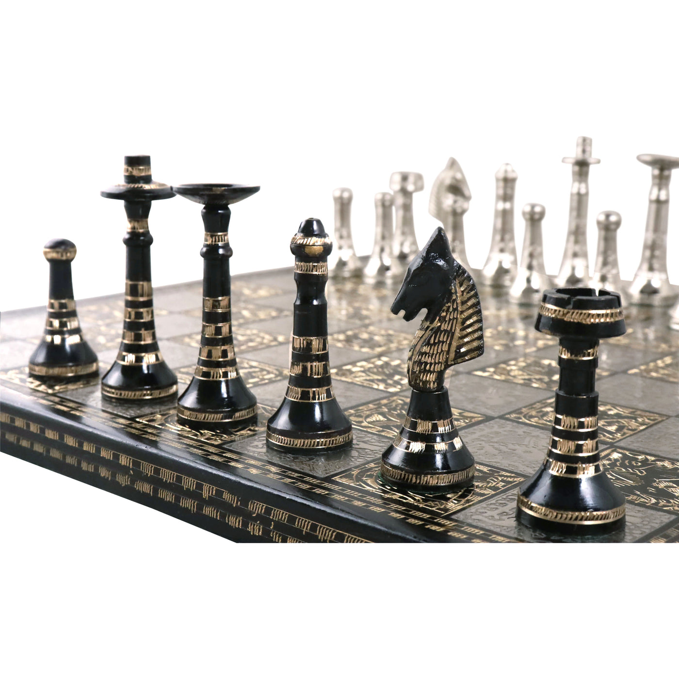 Hawaiian Crown Brass Metal Luxury Chess Pieces & Board Set -14" Silver and Black