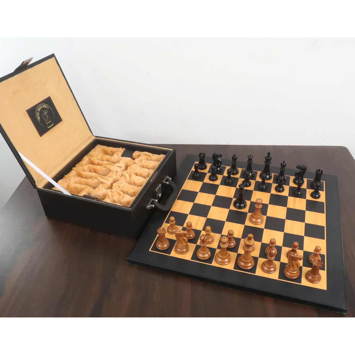 Combo of 3.9" Lessing Staunton Chess Set - Pieces in Natural Ebony Wood & Antiqued Lacquered Boxwood with Board and Box