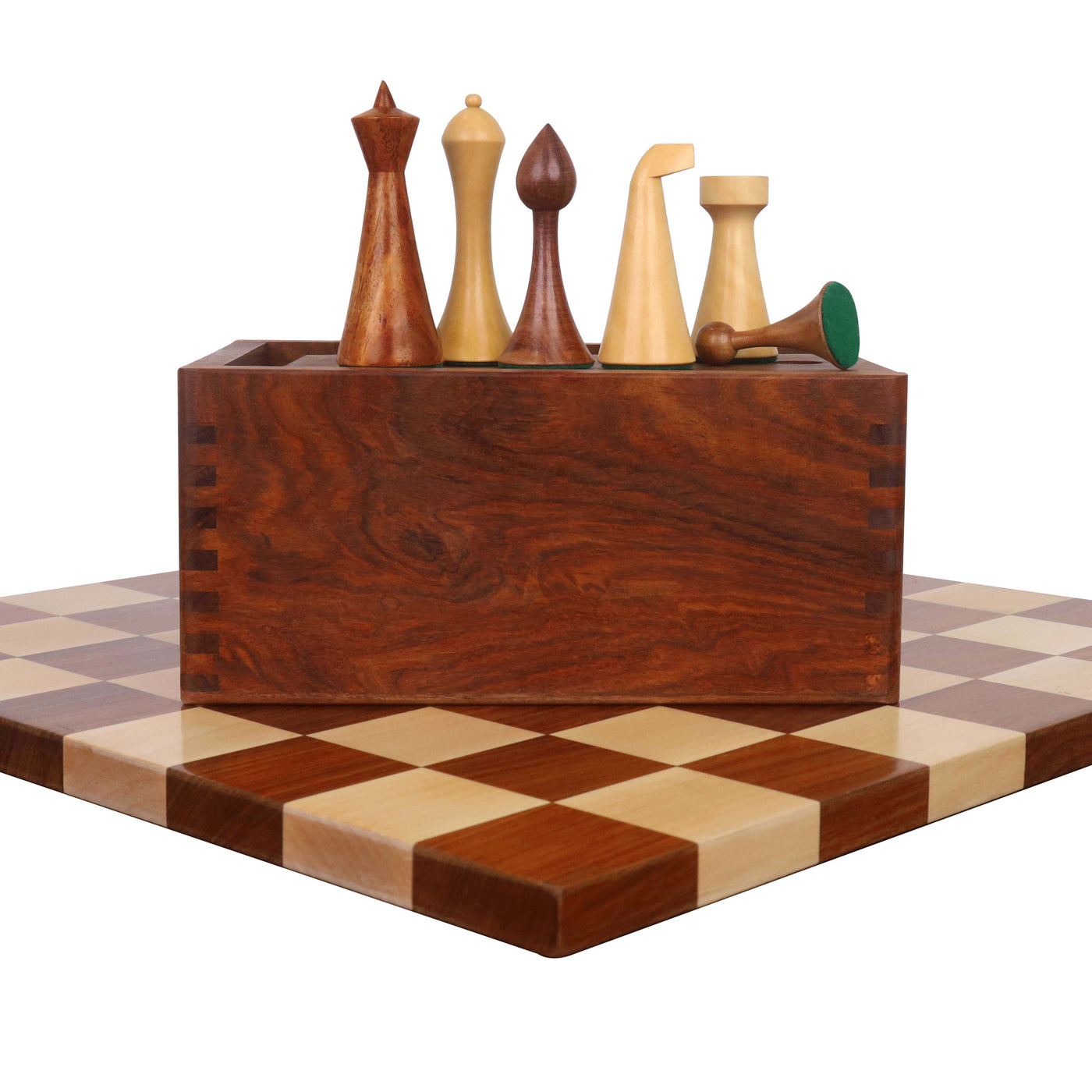 Combo of 3.6" Herman Ohme Minimalist Chess Set - Pieces in Weighted Golden Rosewood with Board & Box