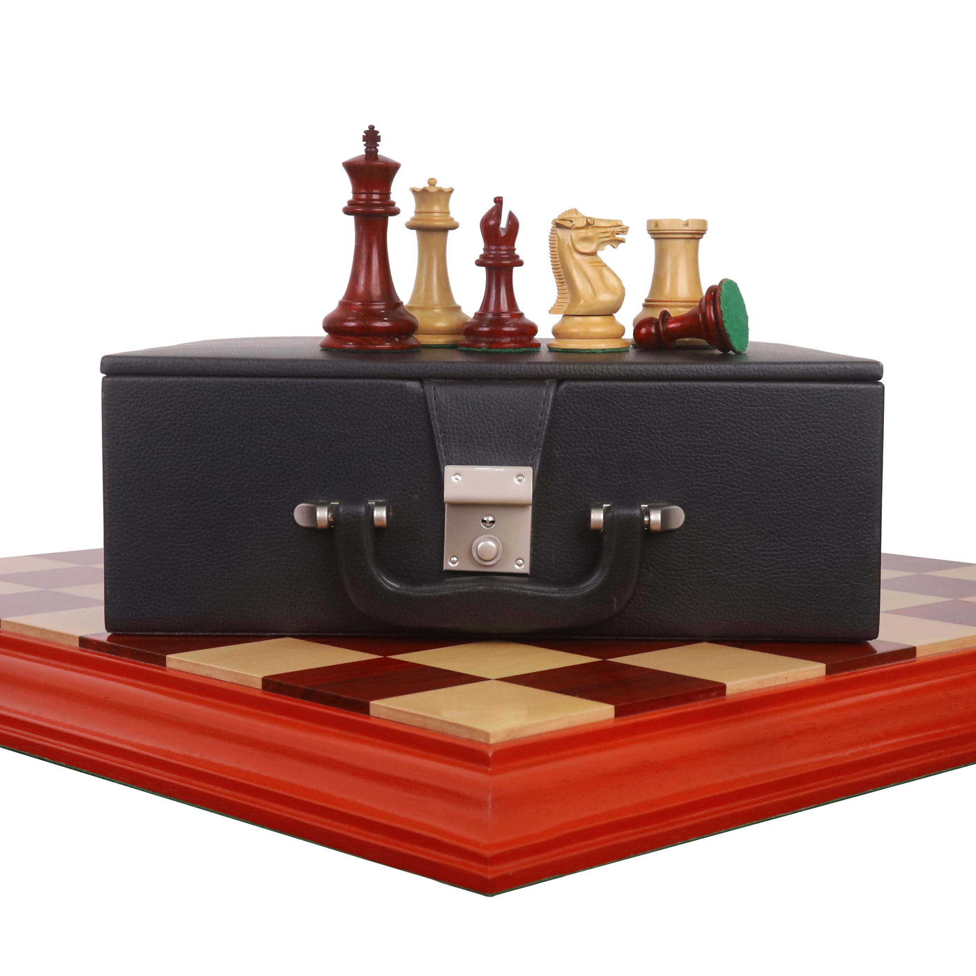 Combo of 1849 Jacques Cook Staunton Chess Pieces - Bud Rosewood with 21" Board and Storage Box