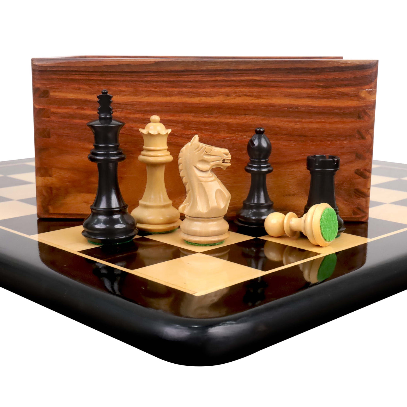 Combo of 3.5" Fierce Knight Staunton Chess Set - Pieces in Ebonised Boxwood with Chess Board & Storage Box