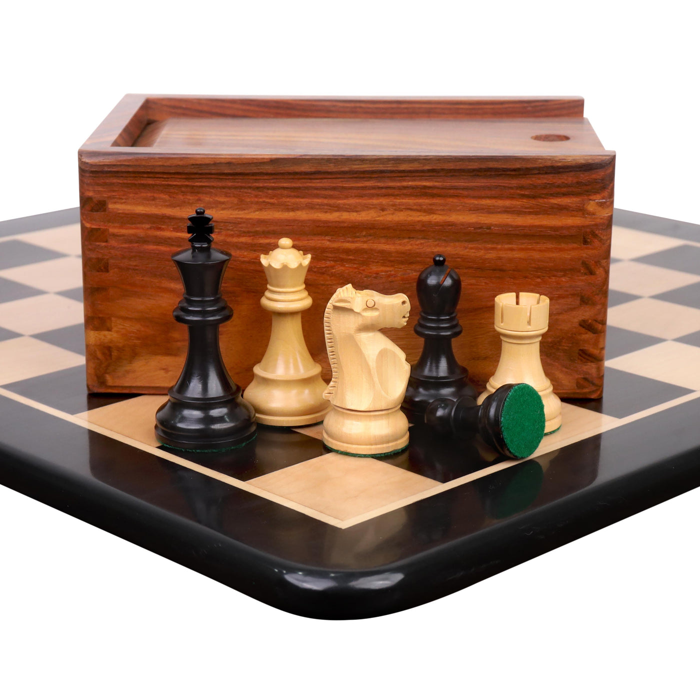 Combo of 1972 Championship Fischer Spassky Chess Set - Pieces in Ebonised Boxwood with Ebony Chess Board & Storage Box