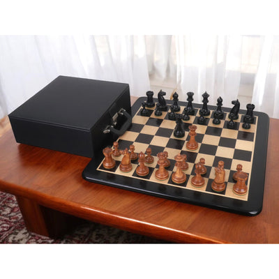 Combo of 1900s' American Chess Company Reproduction Set - Pieces in Antiqued Boxwood with Chess Board & Storage Box