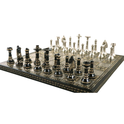 Hawaiian Crown Brass Metal Luxury Chess Pieces & Board Set -14" Silver and Black