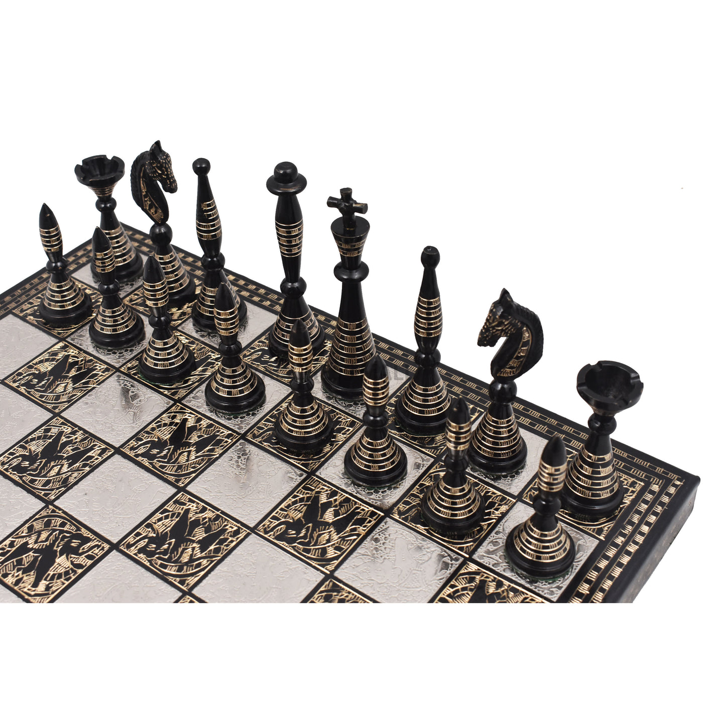 Solid Brass Metal Tribal Artwork Warli Luxury Chess Pieces & Board Set- 12"