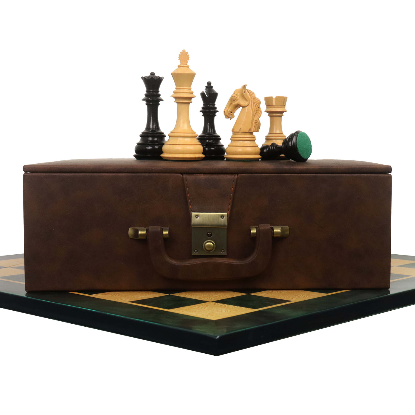Combo of 4.6″ Rare Columbian Triple Weighted Ebony Wood Luxury Chess Pieces with 23" Printed Chessboard and Storage Box