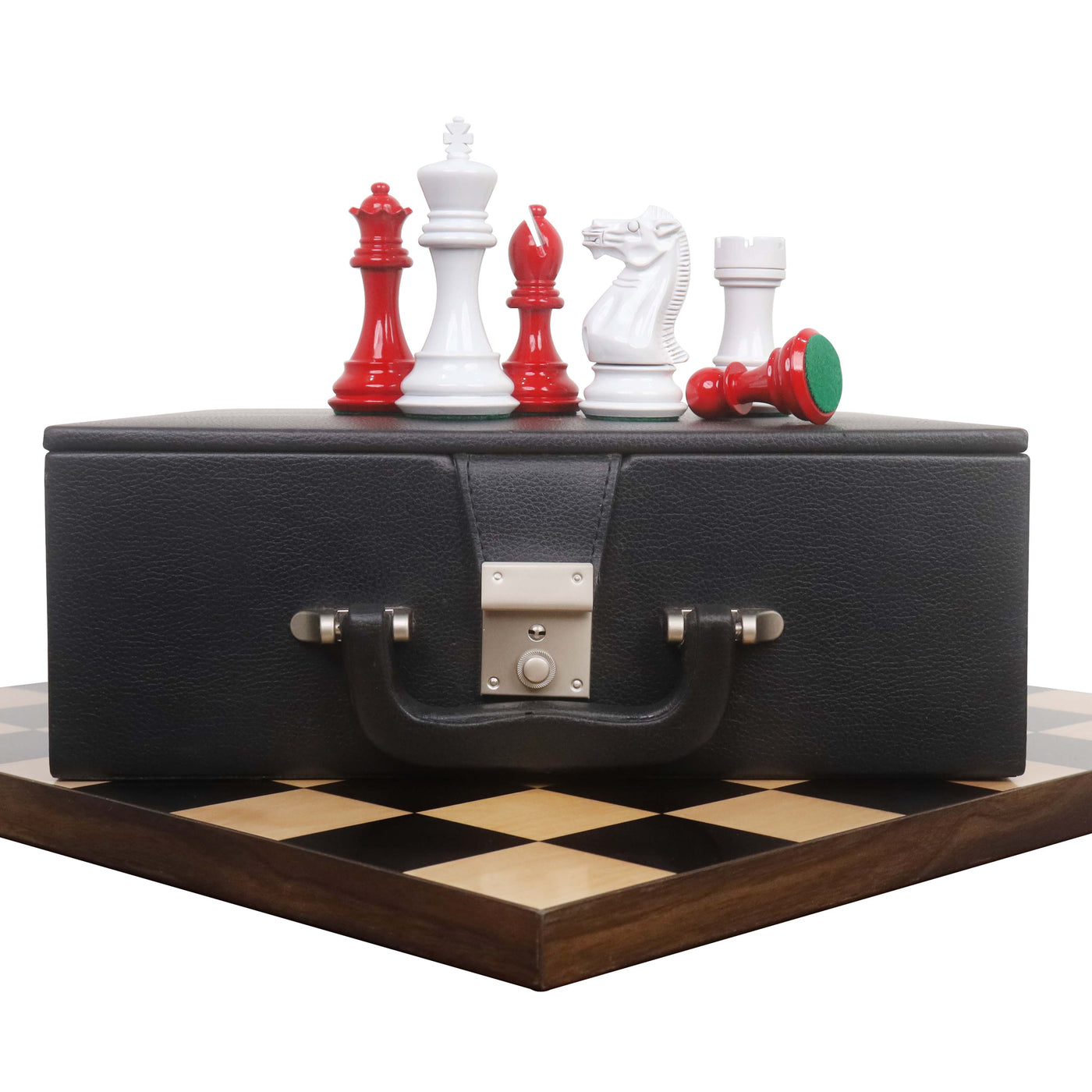 Combo of 4.1" Pro Staunton Chess Set - Pieces in Red & White Painted Boxwood with Board and Box