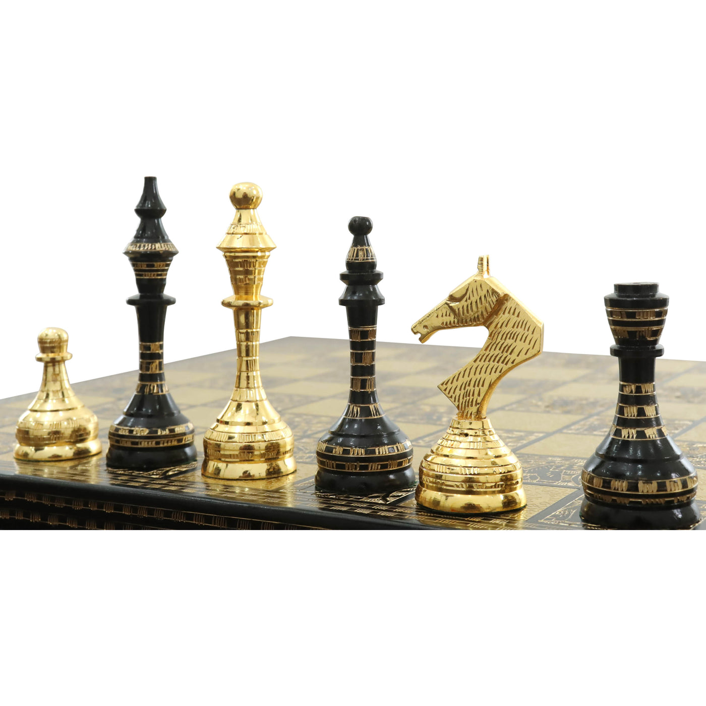 Soviet Inspired Brass Metal Luxury Chess Pieces & Board Set- 14" - Black & Gold - Unique Art