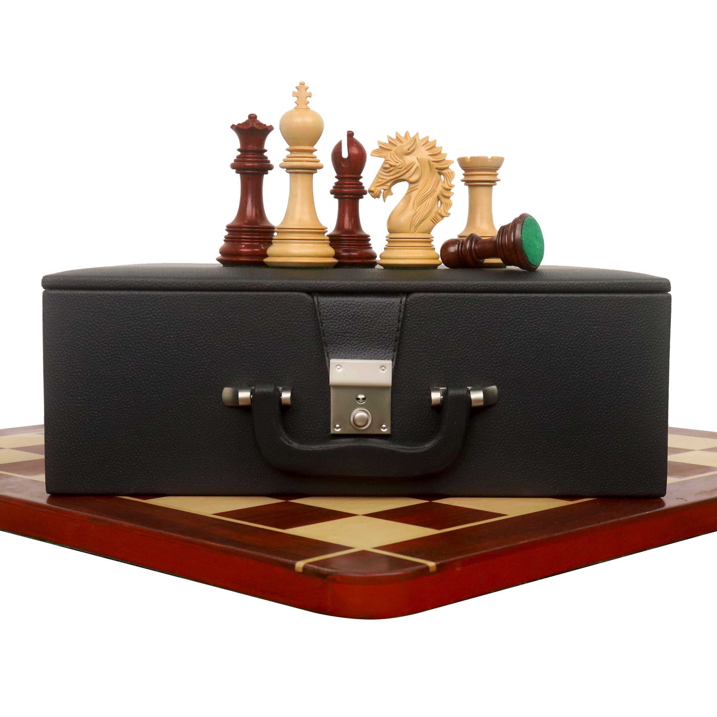 4.6" Mogul Staunton Luxury Bud Rose Wood Chess Pieces with 23" Bud Rosewood & Maple Wood Signature Wooden Chessboard and Leatherette Coffer Storage Box