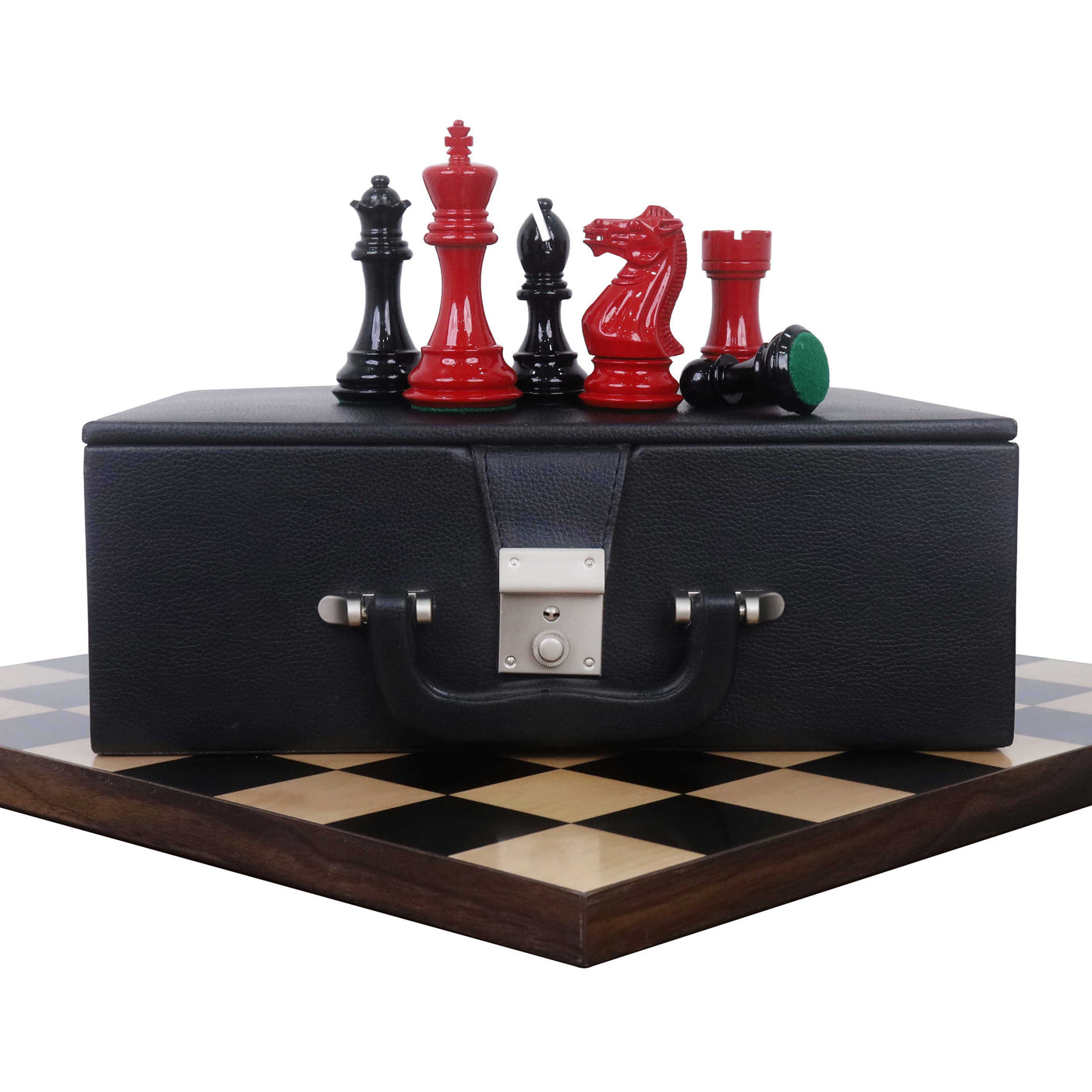 Combo of 4.1" Pro Staunton Chess Set - Pieces in Red & Black Painted Boxwood with Board and Box