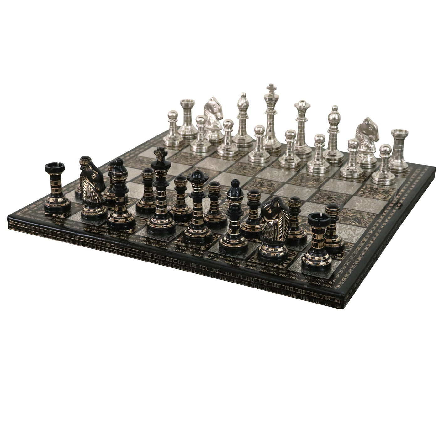 Classic Staunton Brass Metal Luxury Chess Pieces & Board Set - 12"- Silver and Black