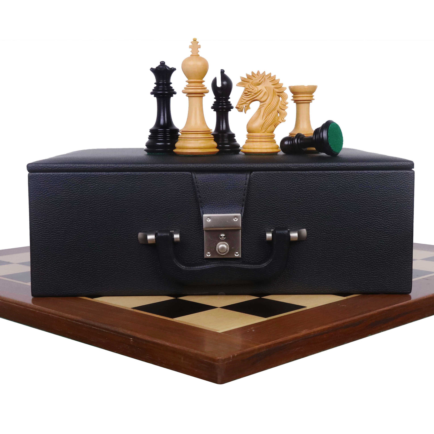 4.6" Mogul Staunton Luxury Chess Pieces in Ebony Wood with Large Ebony & Maple Wood Chessboard and Leatherette Coffer Storage Box