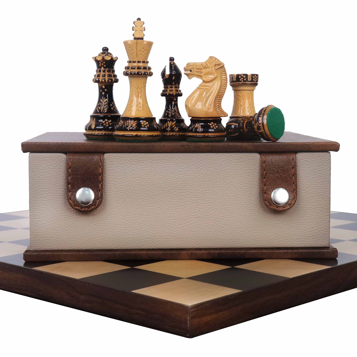 Combo of 4" Professional Staunton Hand Carved Chess Set - Pieces in Lacquered Boxwood with Board and Box