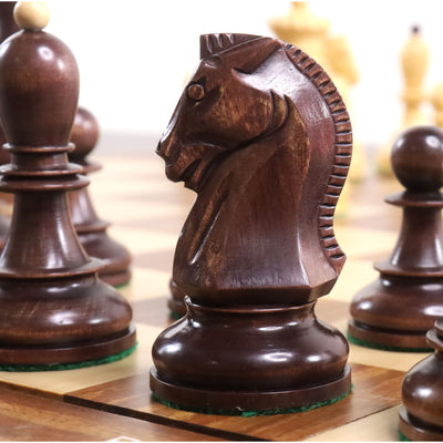 Combo of 1950s' Fischer Dubrovnik Chess Set - Pieces in Mahogany Stained & Boxwood with 21" Chess Board and Leatherette Coffer Storage Box