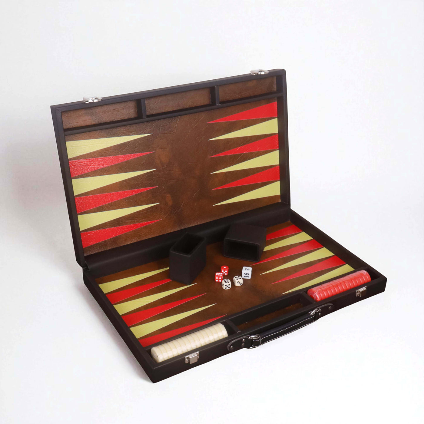 18" Ebony Black Leatherette Backgammon Set – Luxury Briefcase Style Travel Board Game with Brown & Red Inlay