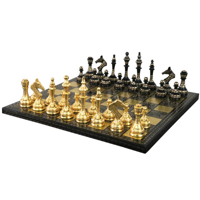 Soviet Inspired Brass Metal Luxury Chess Pieces & Board Set- 14" - Black & Gold - Unique Art