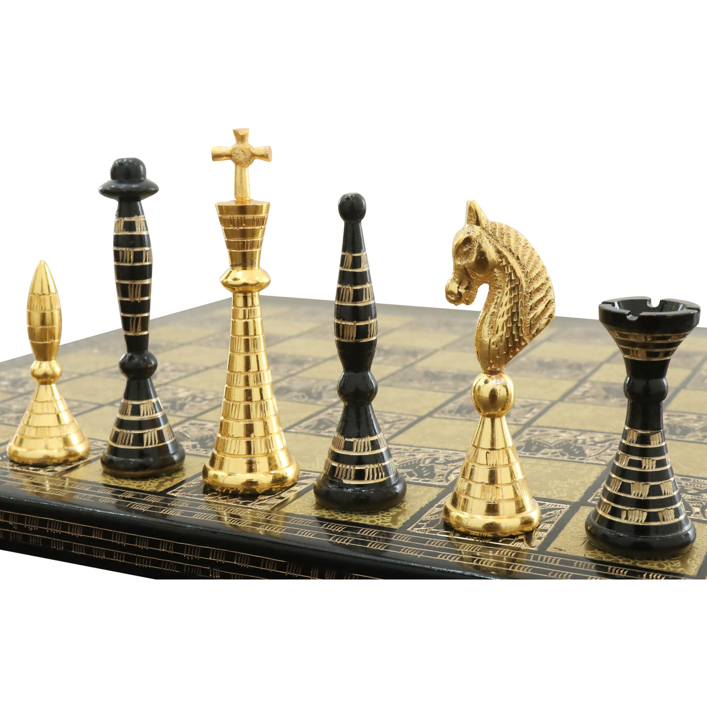 Solid Brass Metal Tribal Artwork Luxury Chess Pieces & Board Set - Black & Gold - 12"