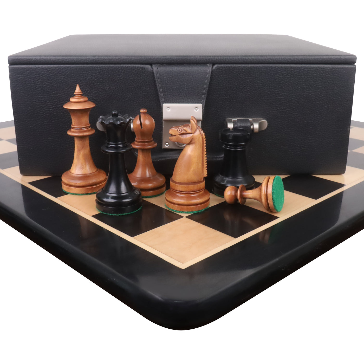 Combo of 1900s' American Chess Company Reproduction Set - Pieces in Antiqued Boxwood with Chess Board & Storage Box