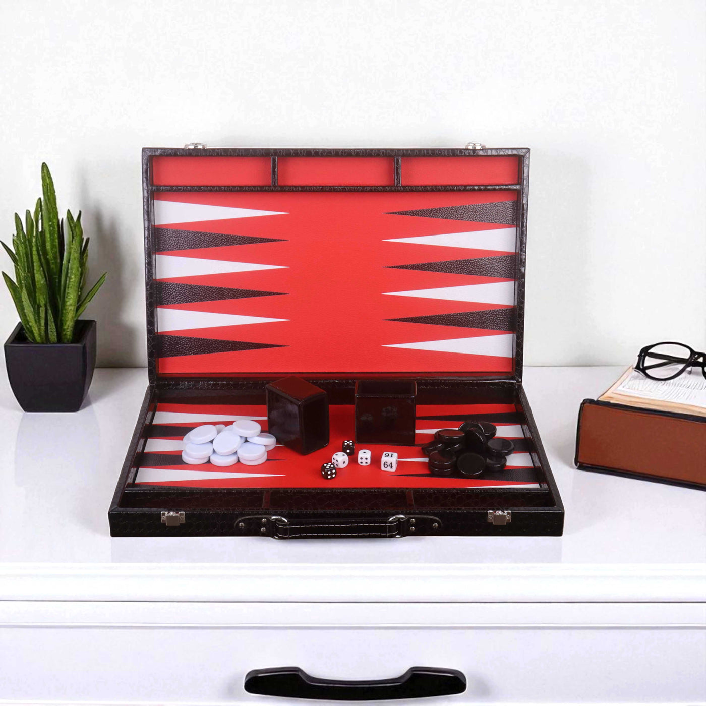18" Black Leatherette Backgammon Set – Briefcase Style Travel Board Game with Red & White Playing Surface