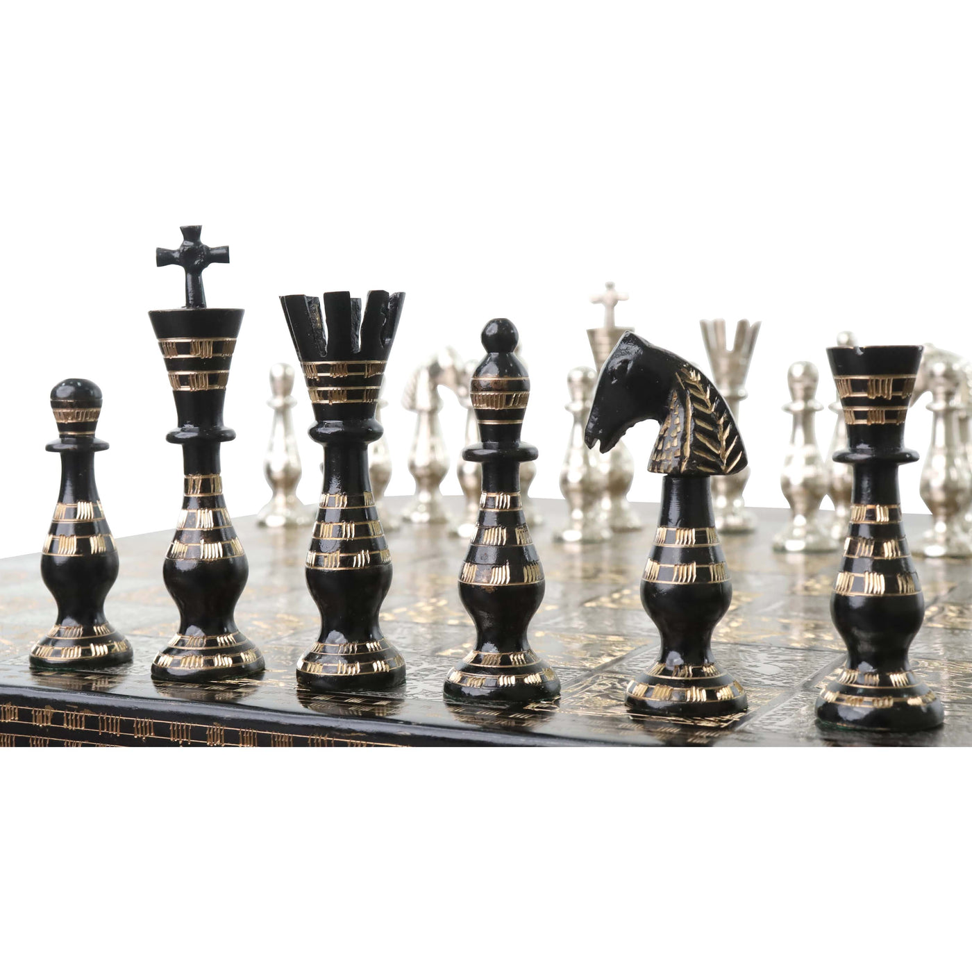 Sovereign Series Brass Metal Luxury Chess Pieces & Board Set- 14" - Unique Art