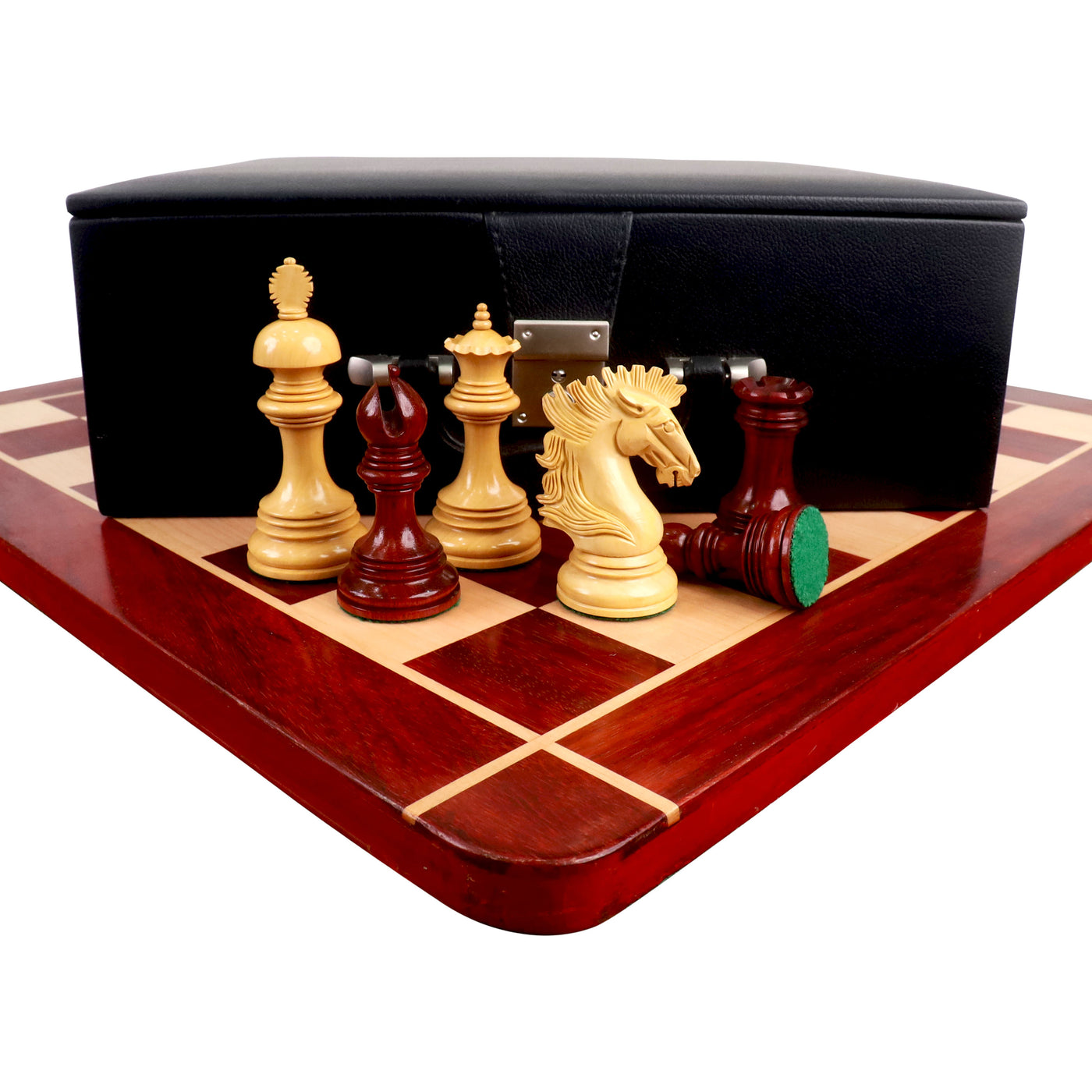 Combo of Alexandria Luxury Staunton Bud Rose Wood Chess Pieces with 23" Signature Wooden Chessboard and Leatherette Coffer Storage Box