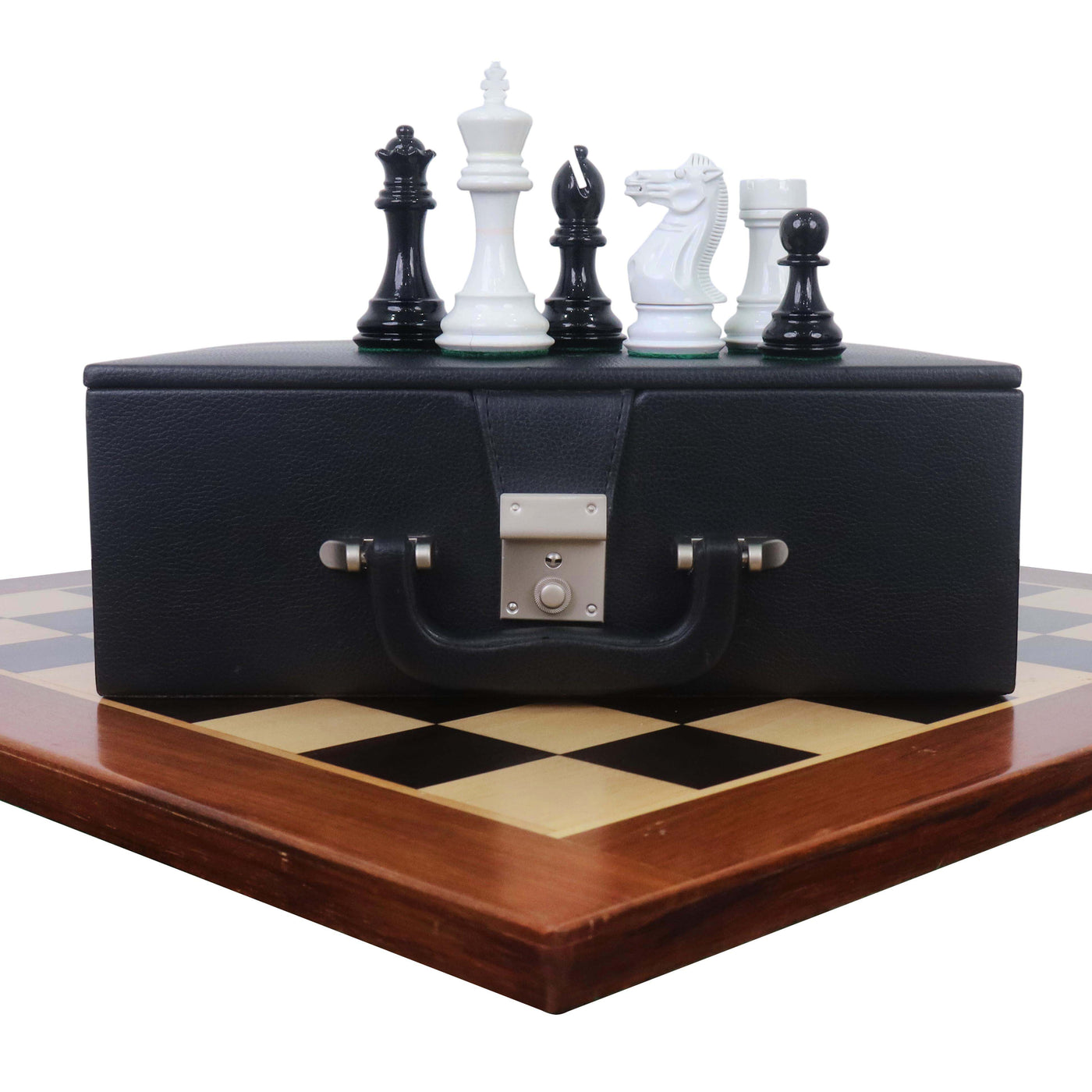 Combo of 4.1" Pro Staunton Chess Set - Pieces in Black & White Lacquered Boxwood with 23" Ebony & Maple Wood Chessboard and Storage Box