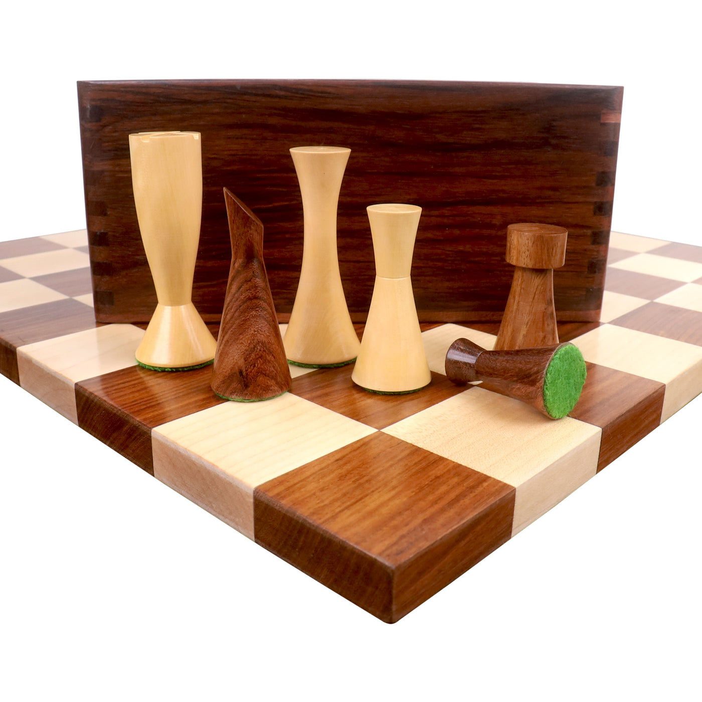 3.4" Minimalist Tower Series Weighted Chess Pieces with Borderless Hardwood End Grain Chess Board and Box - Golden Rosewood