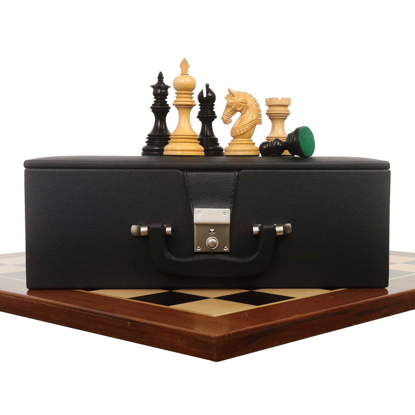 Combo of 4.1" Stallion Staunton Luxury Chess Set - Pieces in Ebony Wood with 23" Large Ebony & Maple Wood Chessboard and Storage Box