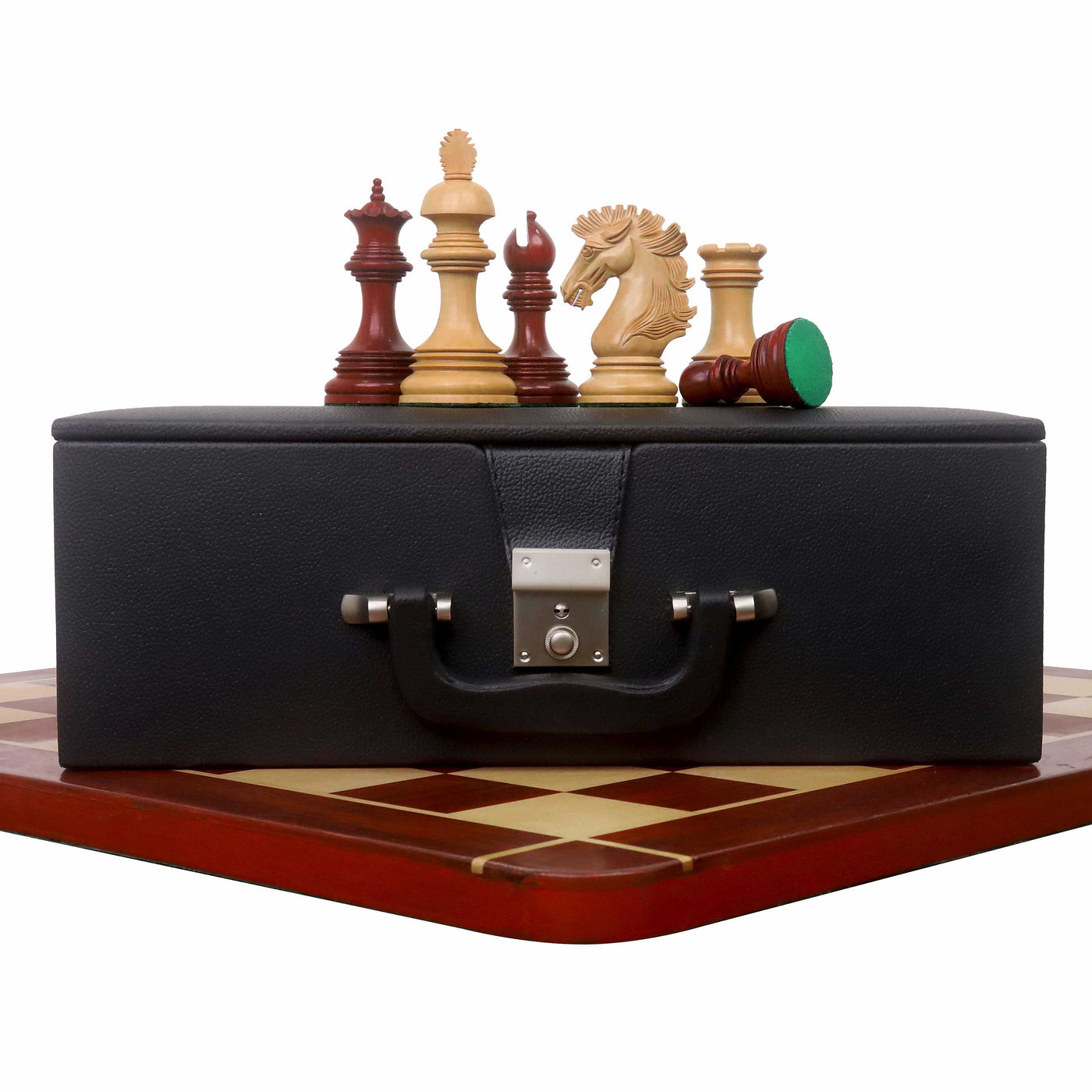 Combo of Alexandria Luxury Staunton Bud Rose Wood Chess Pieces with 23" Signature Wooden Chessboard and Leatherette Coffer Storage Box