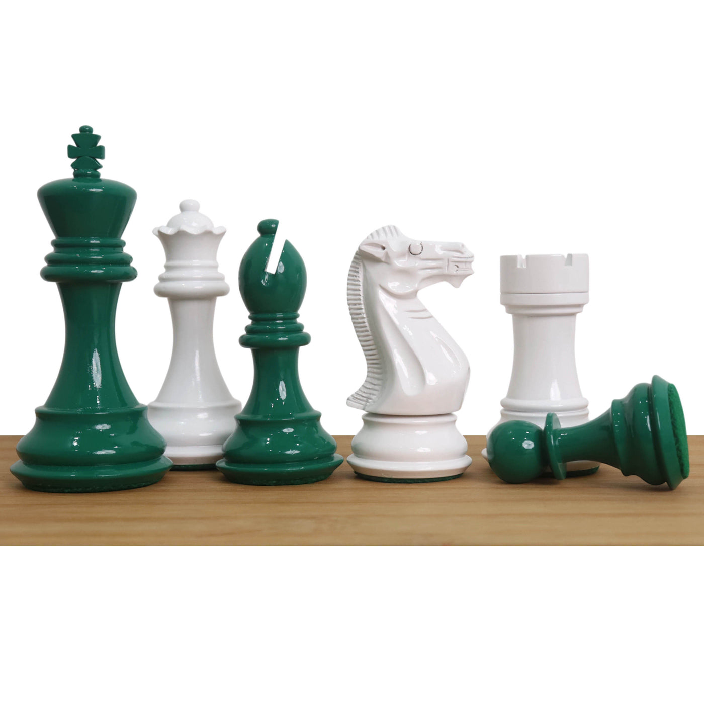 Slightly Imperfect 4.1" Pro Staunton Weighted Green & White Painted Wooden Chess Set- Chess Pieces Only