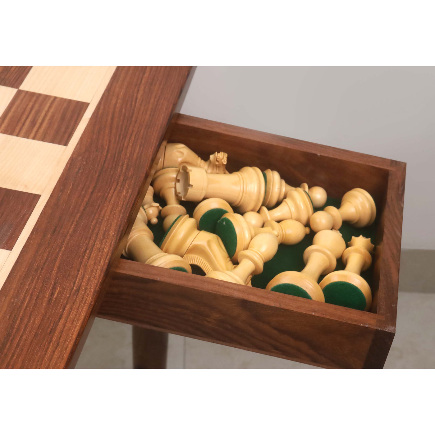 Combo of 23" Tournament Golden Rosewood & Maple Chess Board Table with Drawers - 27" Height with 4.1" Pro Staunton Weighted Sheesham wood Chess Pieces