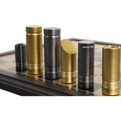 14" Tower Series Brass Metal Luxury Chess Pieces & Board Combo Set - Gold & Grey