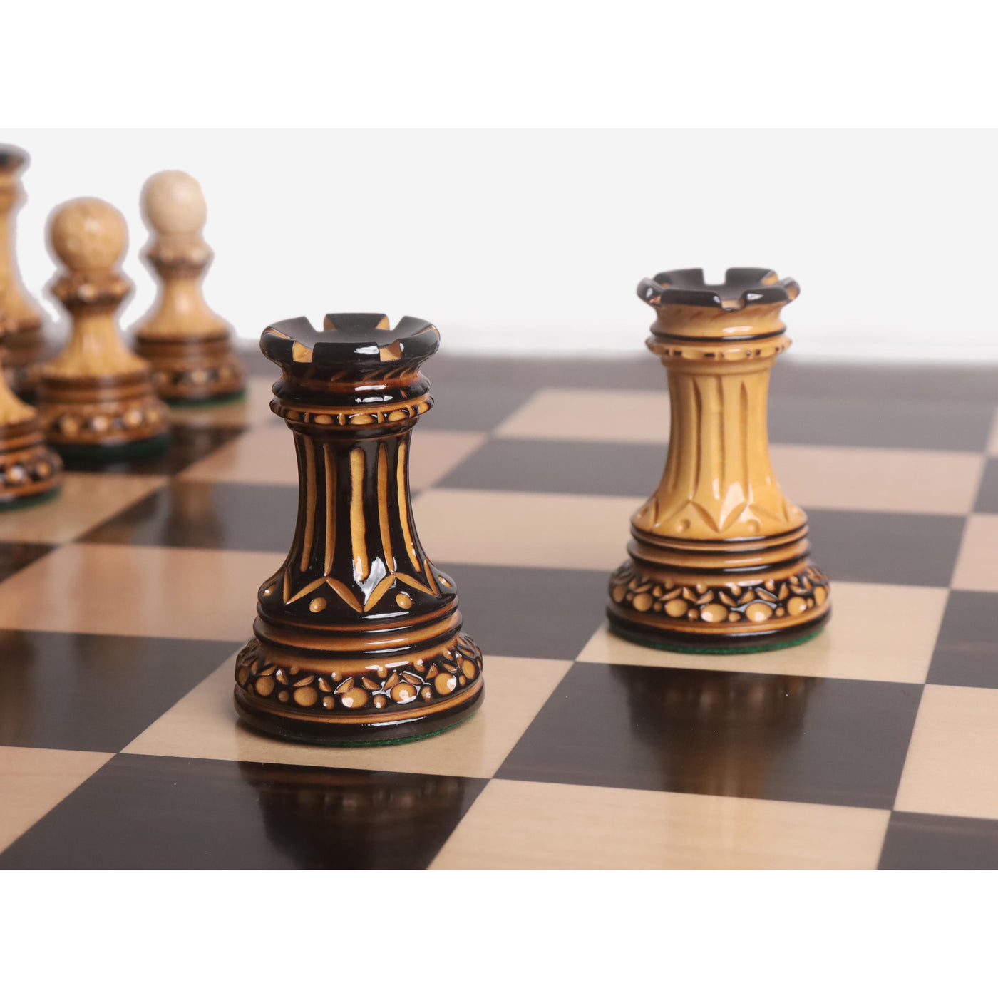 Slightly Imperfect Alexandria Luxury Staunton Burnt Carving Chess Set- Chess Pieces Only - Triple Weighted - Lacquered Boxwood