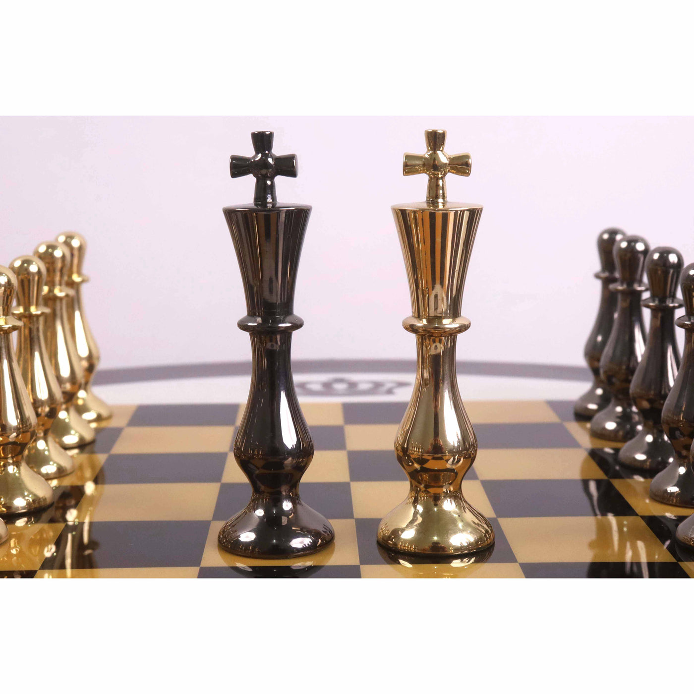 17" Minimalist Brass Metal Luxury Chess Pieces, Board and Table Set - 21" Height