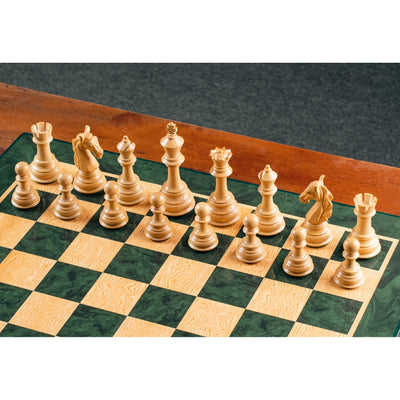 Deluxe 22" Green Ash Burl Printed Chess Board with Rare Columbian Pieces in Ebony Wood