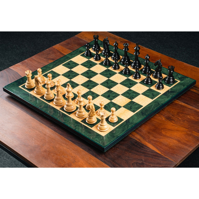 Deluxe 22" Green Ash Burl Printed Chess Board with Rare Columbian Pieces in Ebony Wood