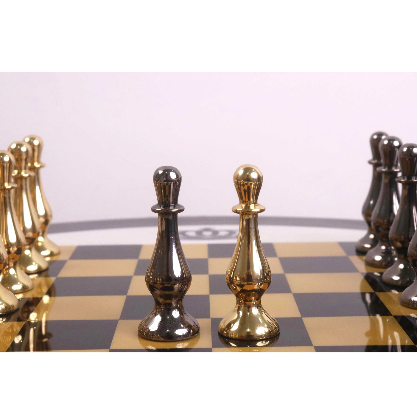 17" Minimalist Brass Metal Luxury Chess Pieces, Board and Table Set - 21" Height