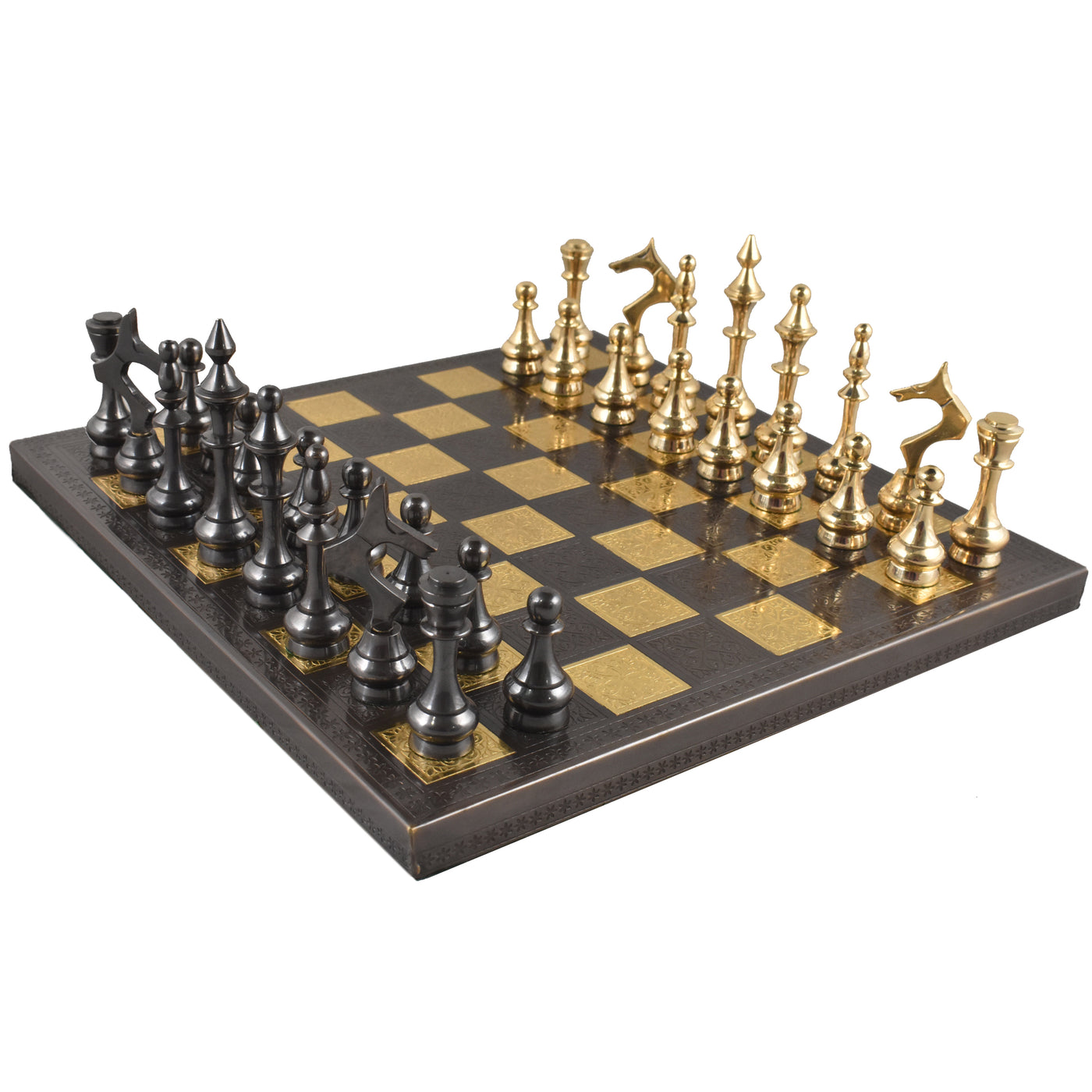 Soviet Brass Metal Luxury Chess Pieces & Board Set - 12" - Steel Grey & Gold