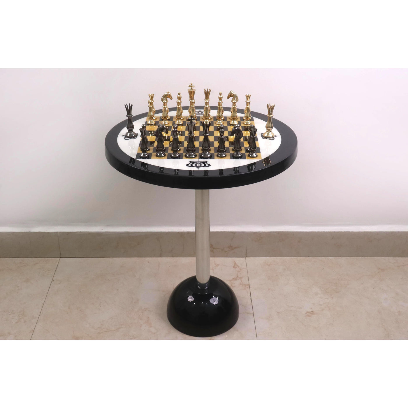 17" Minimalist Brass Metal Luxury Chess Pieces, Board and Table Set - 21" Height