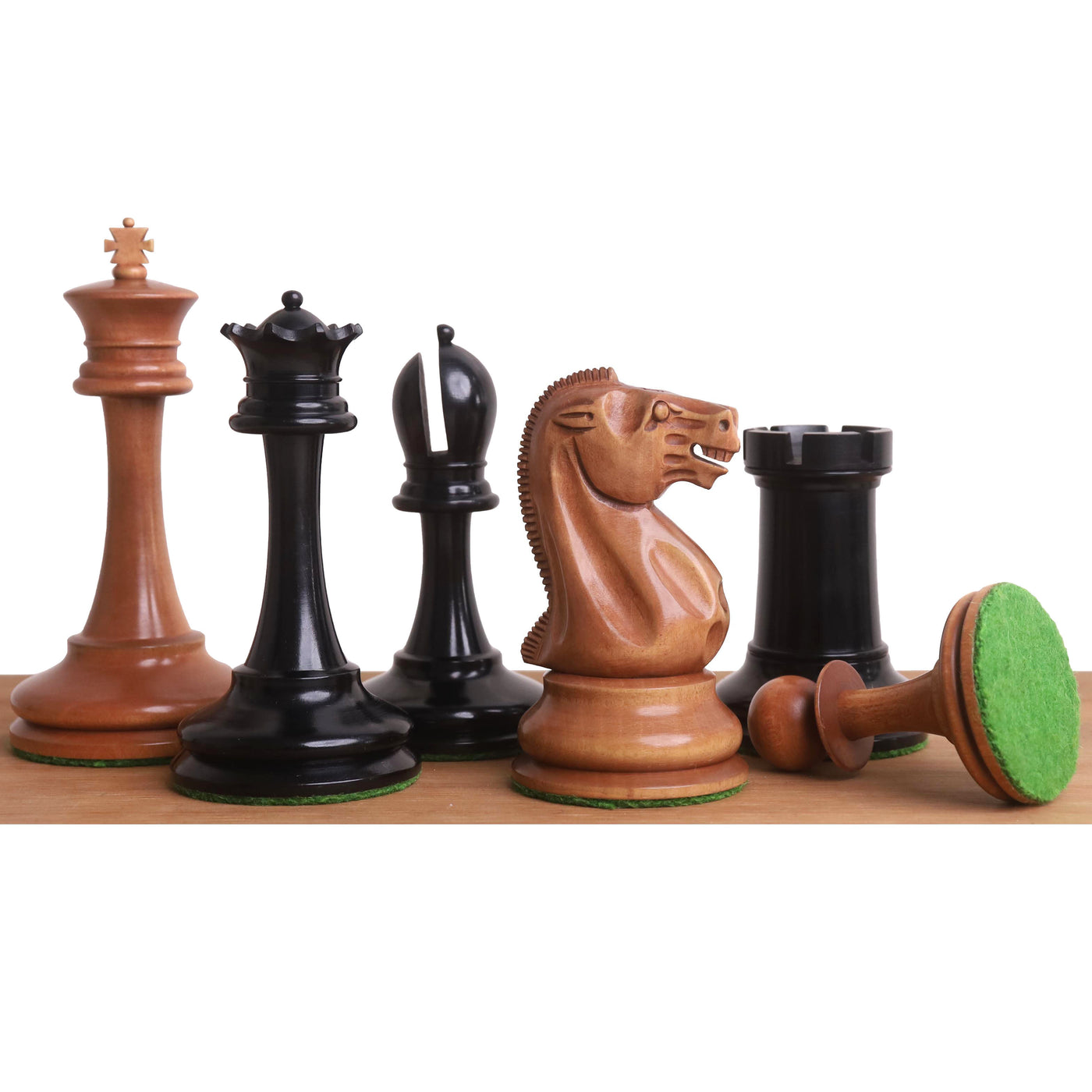 19th century B & Co Reproduced Luxury Chess Set- Chess Pieces Only- Ebony Wood & Antiqued Boxwood– 4.2″ King