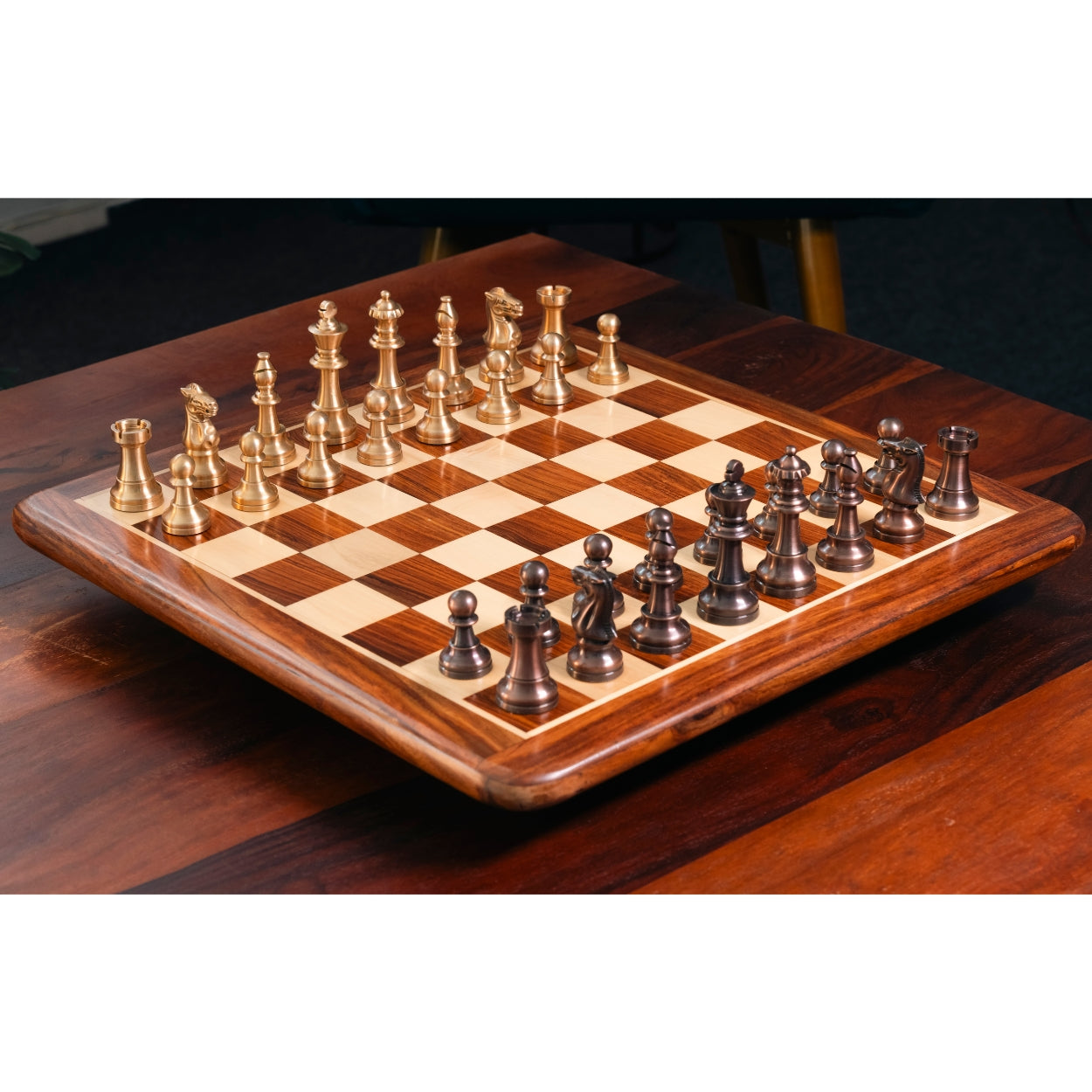 17" Premium Golden Rosewood Chess Board with 3.2" Brass Staunton Pieces