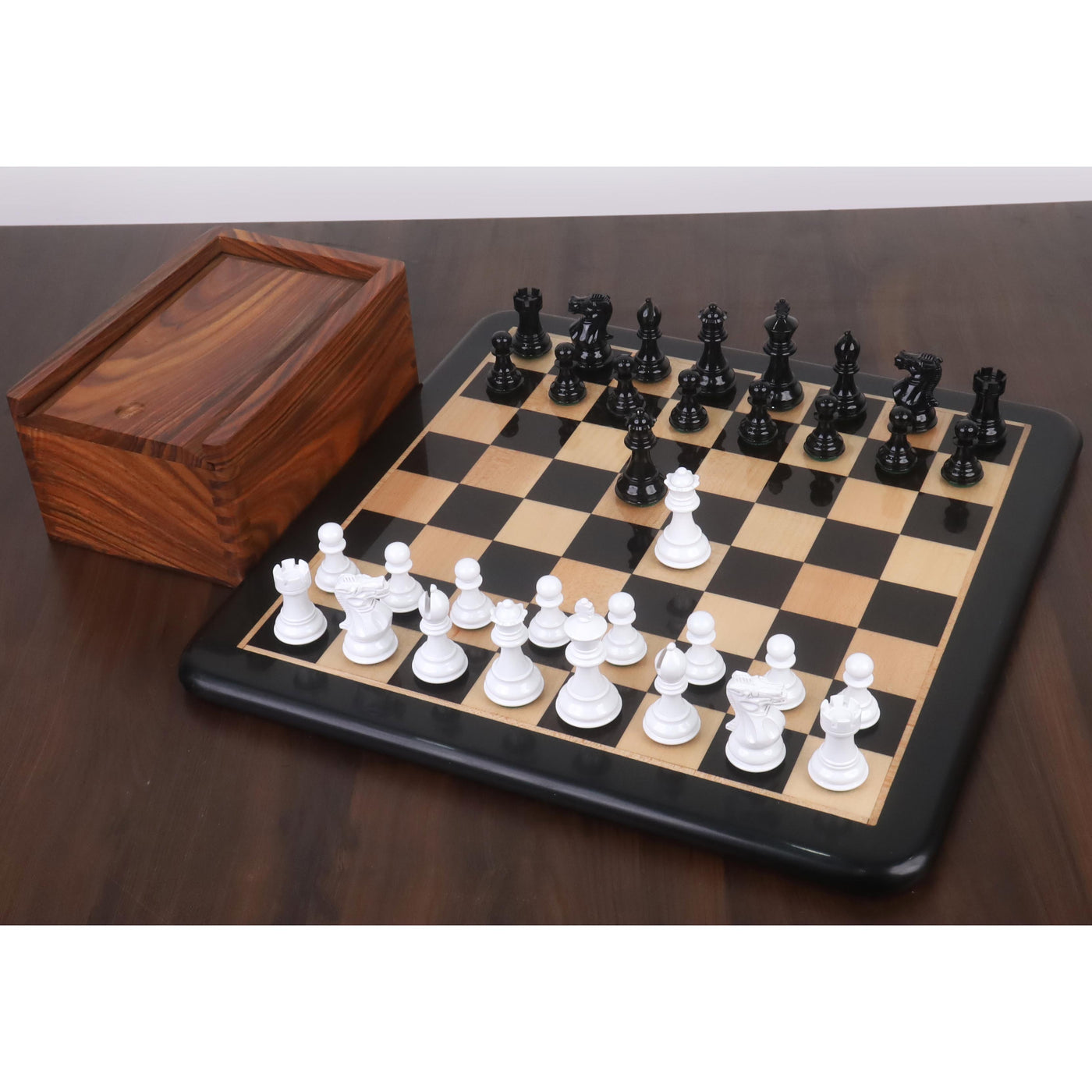 3" Pro Staunton Black & White Painted Wooden Combo Chess Set with 17" Ebony Chess board & Golden Rosewood Storage Box