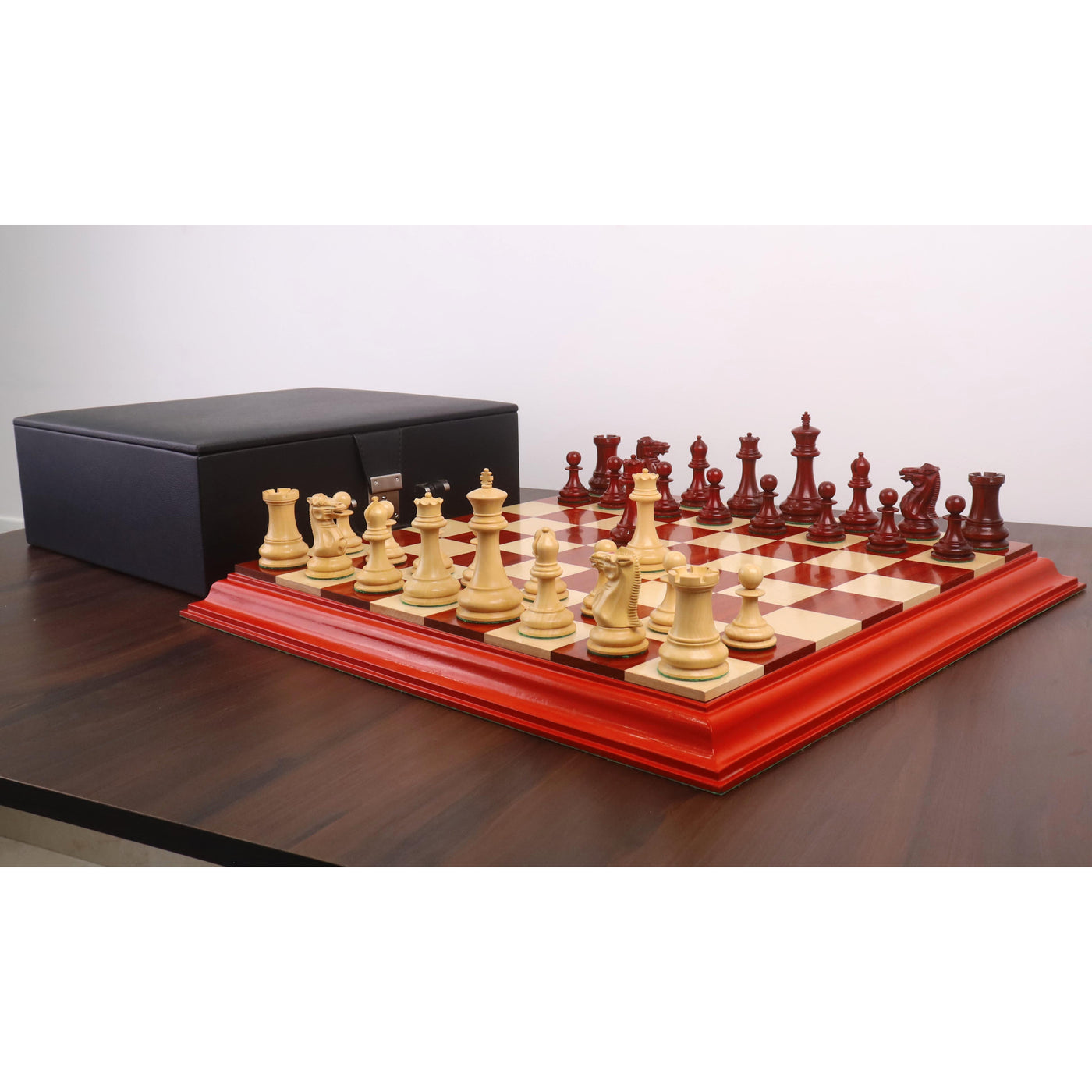 Combo of 1849 Jacques Cook Staunton Chess Pieces - Bud Rosewood with 21" Board and Storage Box