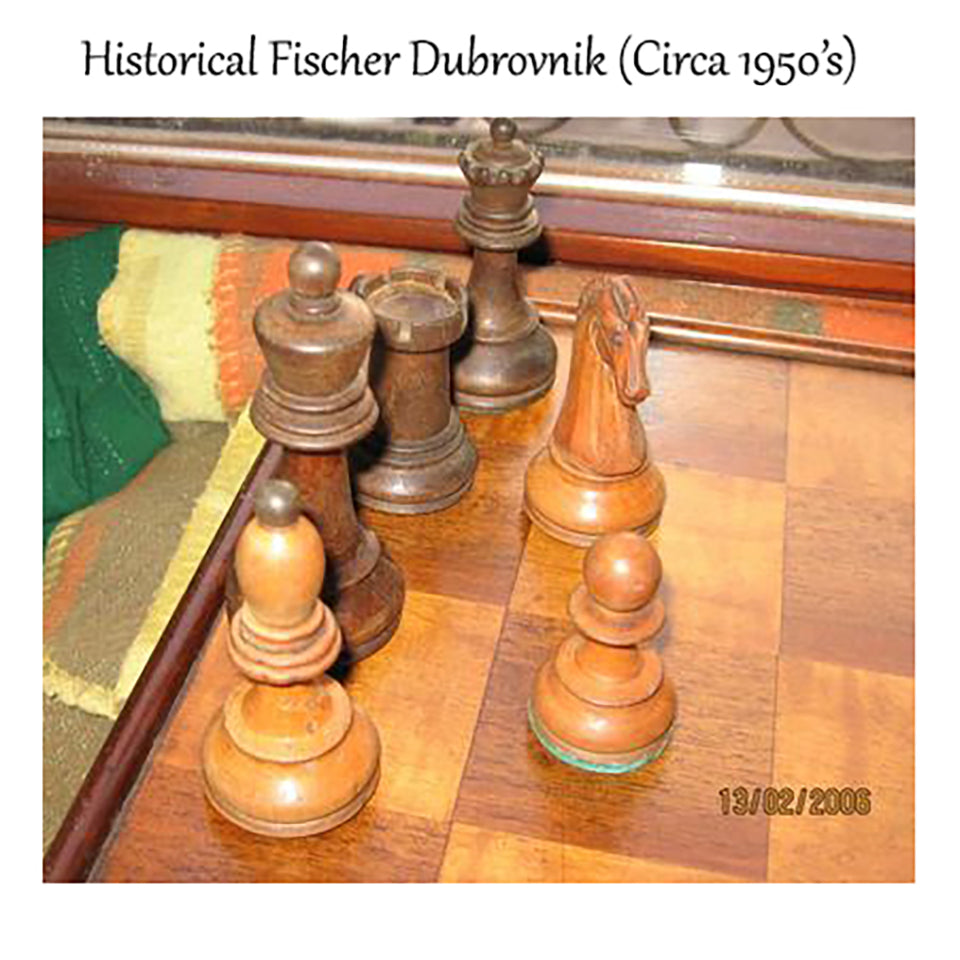 Combo of 1950s' Fischer Dubrovnik Chess Set - Pieces in Mahogany Stained & Boxwood with 21" Chess Board and Leatherette Coffer Storage Box