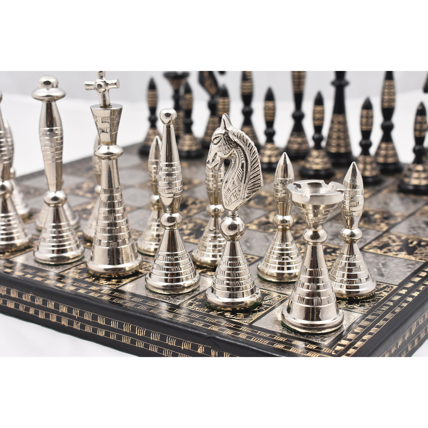 Solid Brass Metal Tribal Artwork Warli Luxury Chess Pieces & Board Set- 12"